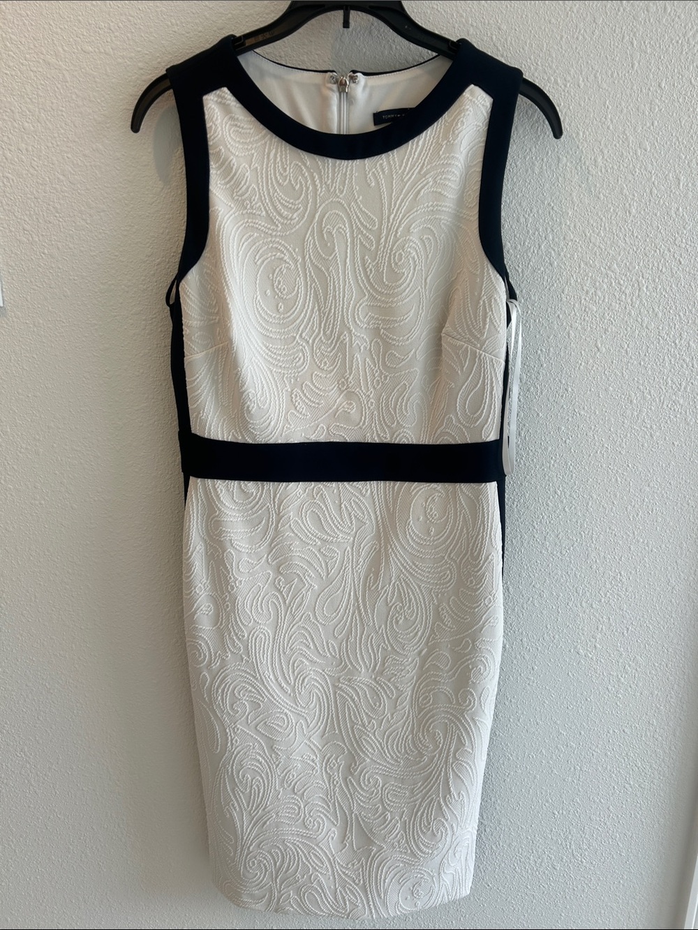 Tommy Hilfiger White Textured Sheath Dress with Black Trim